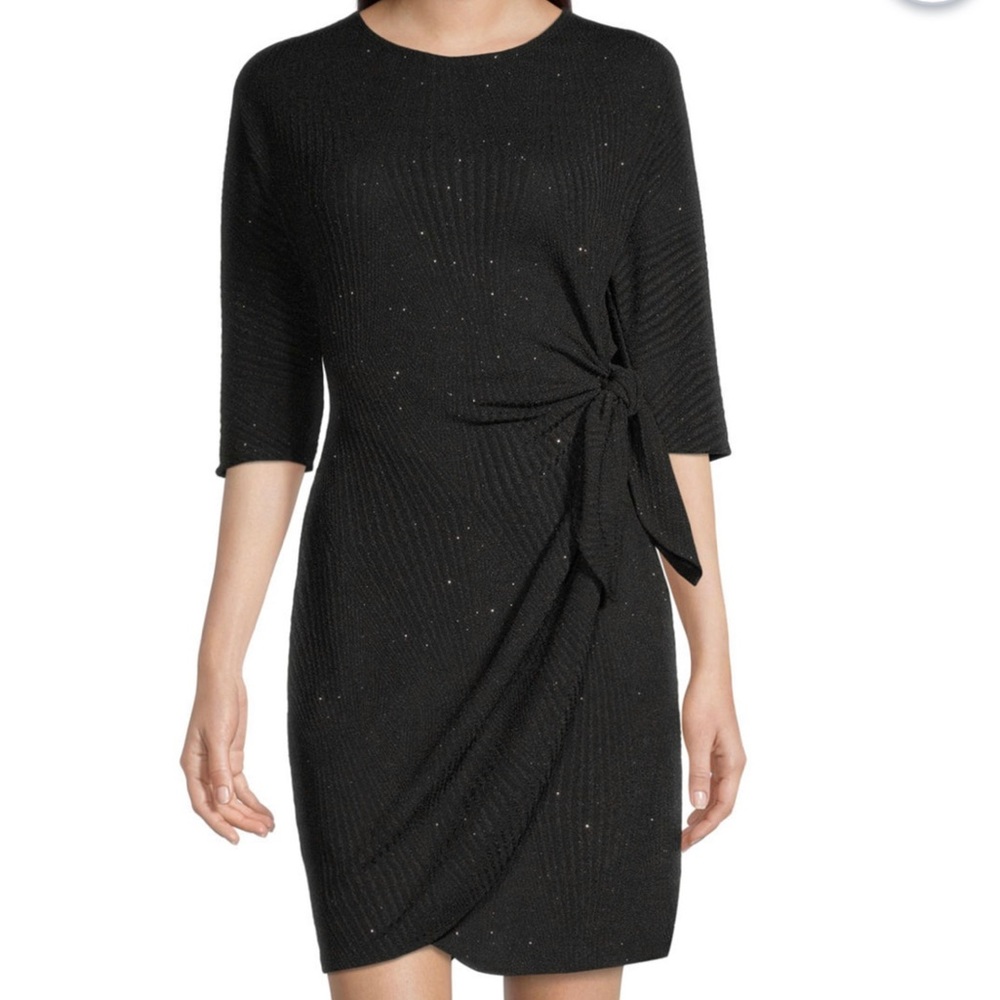 Black faux wrap dress.